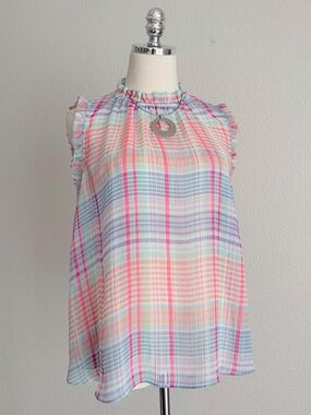 belle sky Pastel Plaid Ruffle-Neck Sleeveless Camisole - Pink/Multicolor